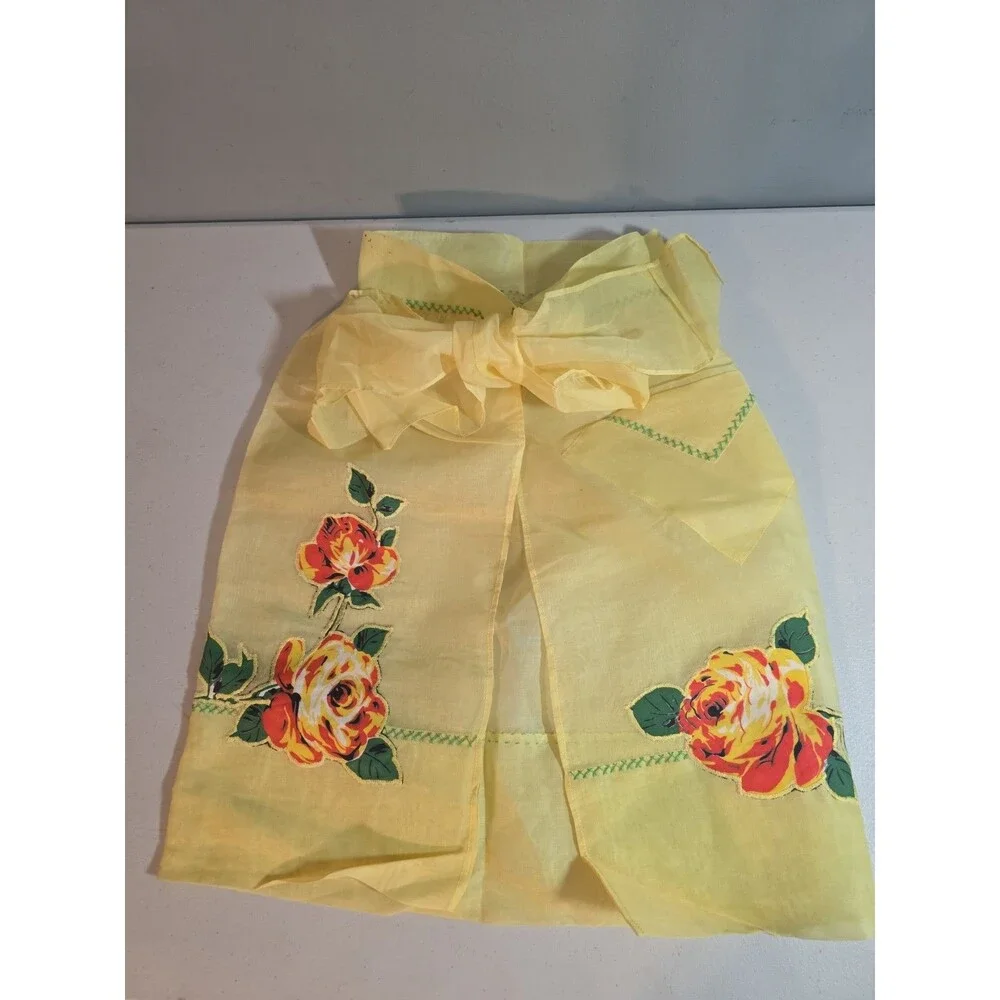 1950s Handmade Yellow Organza Apron Featuring Bold Orange Floral Appliqués